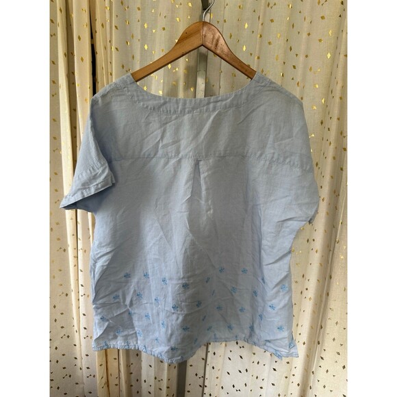 Minibee Blue Summer Linen Tunic Shirt High Low Hem Embroidery Blouse Top L - Picture 3 of 5